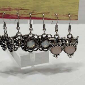 Wishful Park Set 3 Earrings Pink Faux Opal Silver Tone Dangle Owl Butterfly Gift